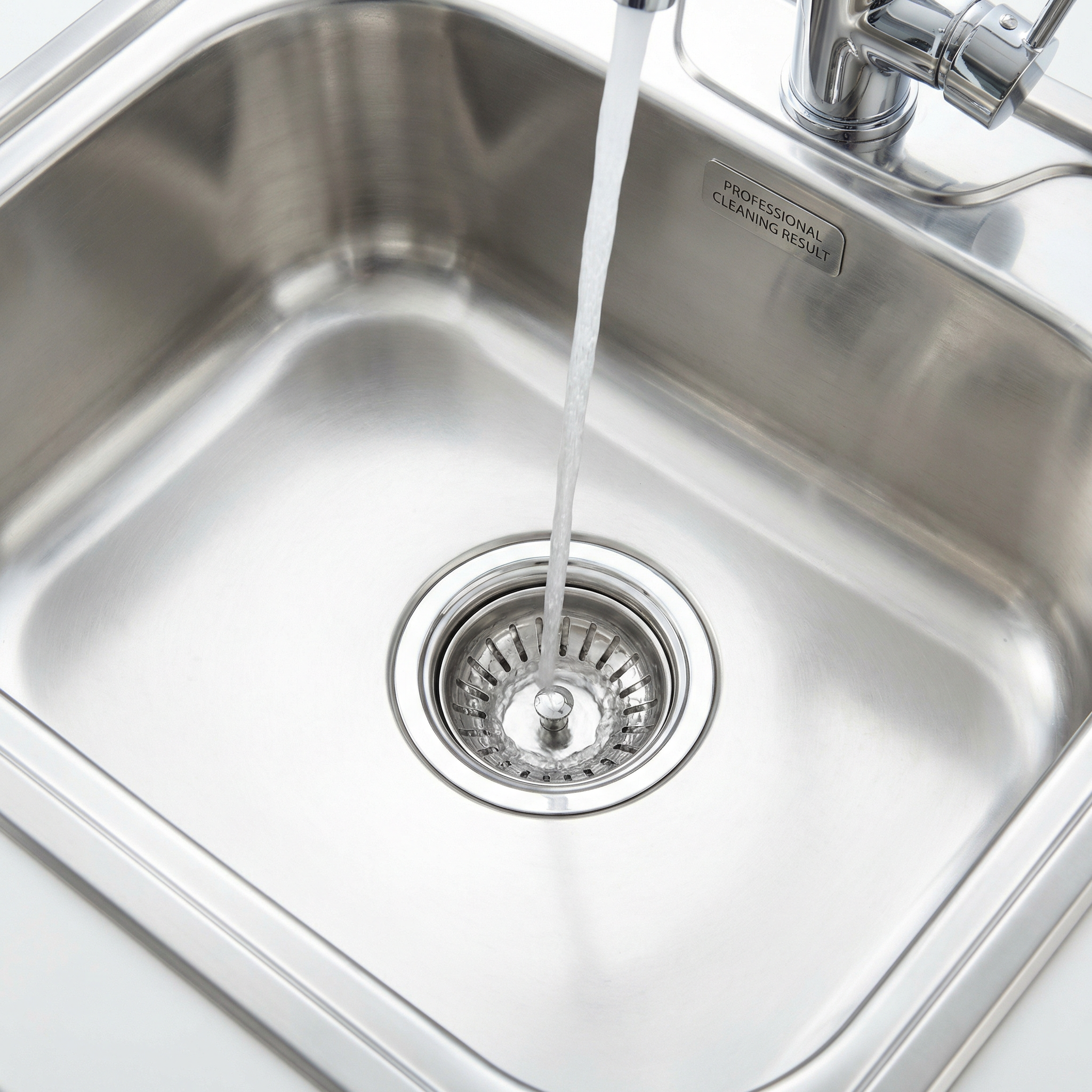 Pia limpa e desentupida com água escoando