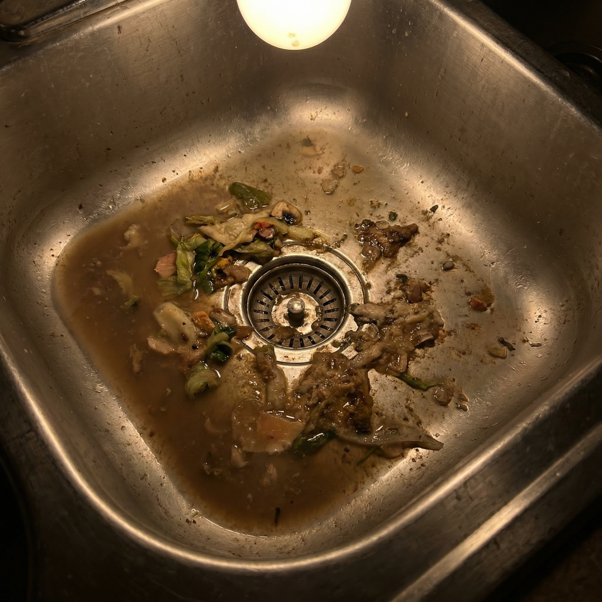 Pia entupida com água parada e resíduos